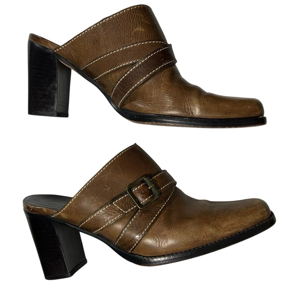 Vintage 90s Y2K Brown Leather Mule Heels Buckle Slip on Square Toe Gianni Bini 8